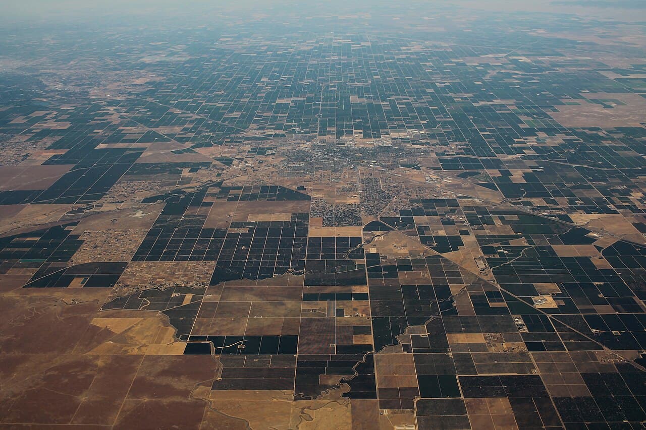 Aerial view of Madera, California and surrounding farmland