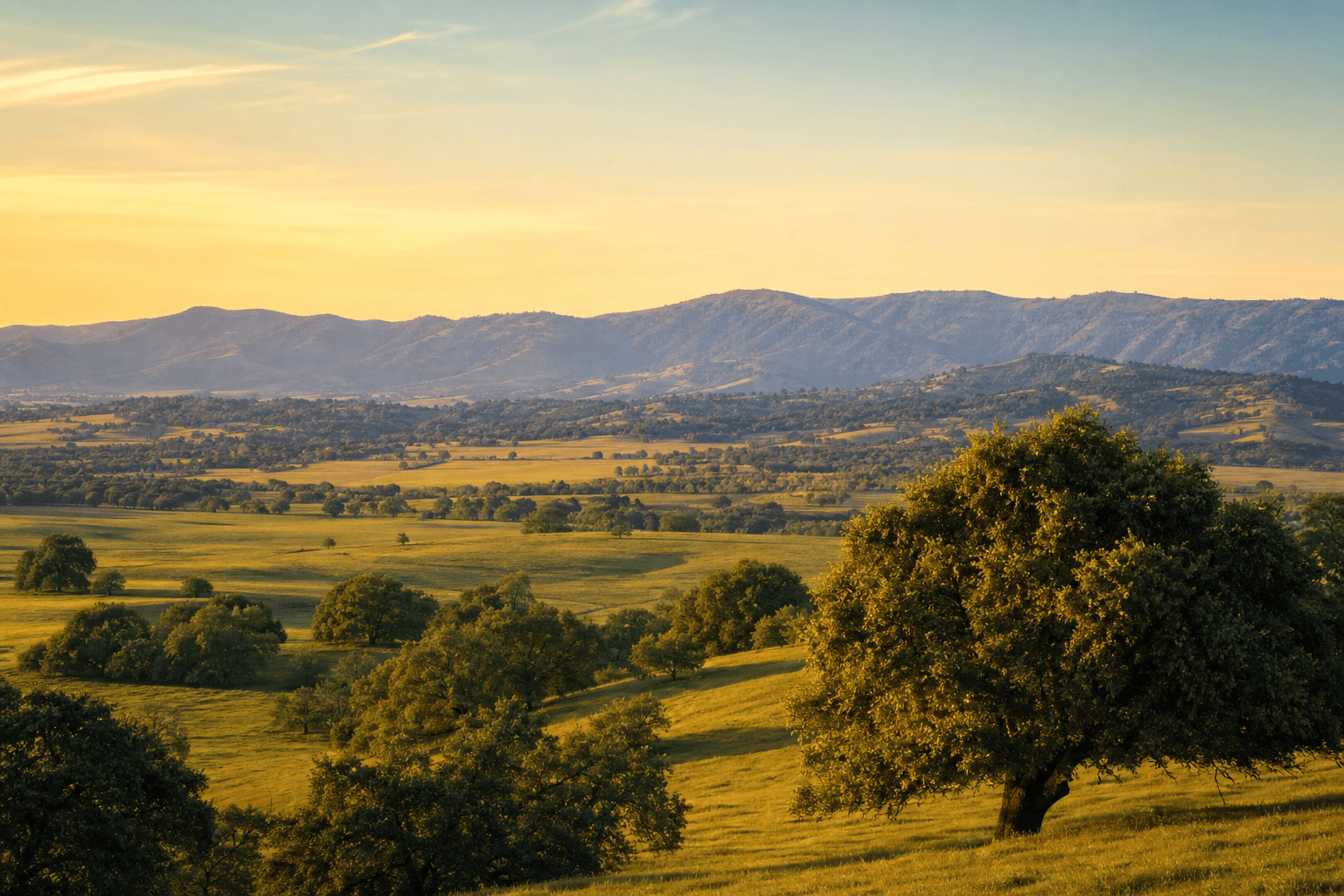 Illustrative landscape of California's northern Central Valley and foothills