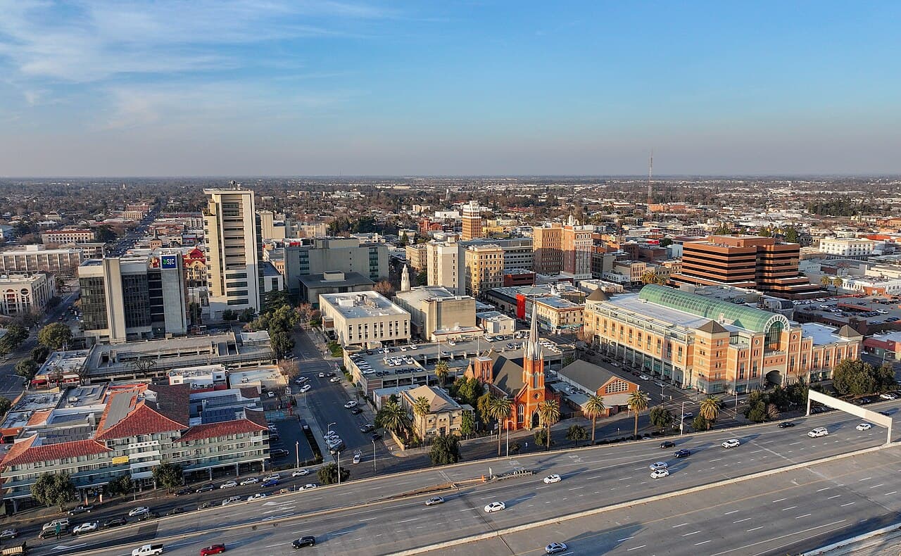 Aerial view of the downtown Stockton, California skyline