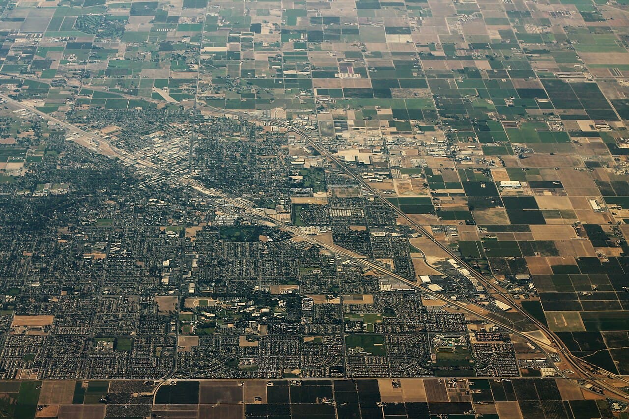 Aerial view of Turlock, California and the surrounding Central Valley