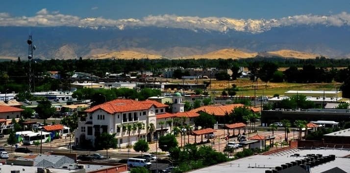 Downtown Visalia, California with the Sierra Nevada in the distance